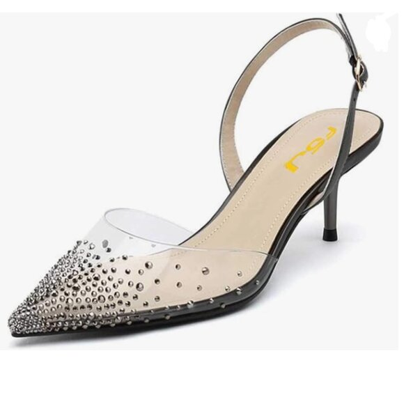 FSJ Black Crystal Clear Rhinestones Low Heel Sandals Slingback Wedding Shoes - Picture 1 of 8